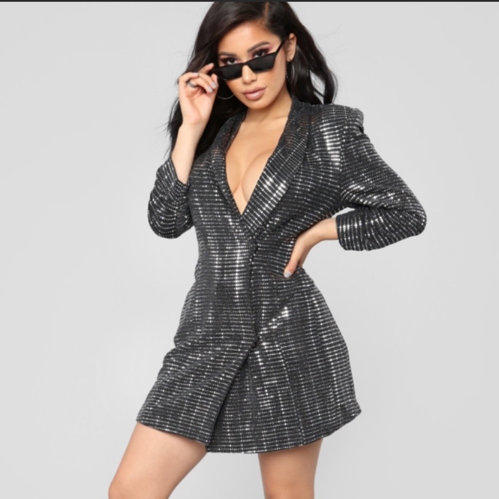 Silver blazer dress.